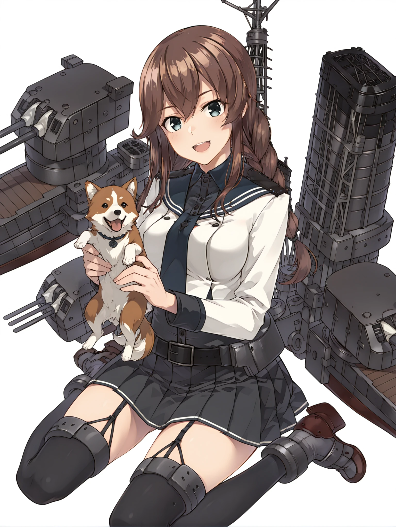 masterpiece,best quality,amazing quality,
solo,1girl,
<lora:noshiro_k2_ilxl_v1:1>,noshiro,twin braids,n_clothes,garter_straps,black_thighhighs,rudder footwear,n_ro,machinery,rigging,turret,cannon,flight deck,torpedo tubes,
<lora:Fixhands_anime_bdsqlsz_V1:1>,open mouth,smile,animal,:d,sitting,blush,simple background,white background,looking_at_animal,holding_animal,akita dog,