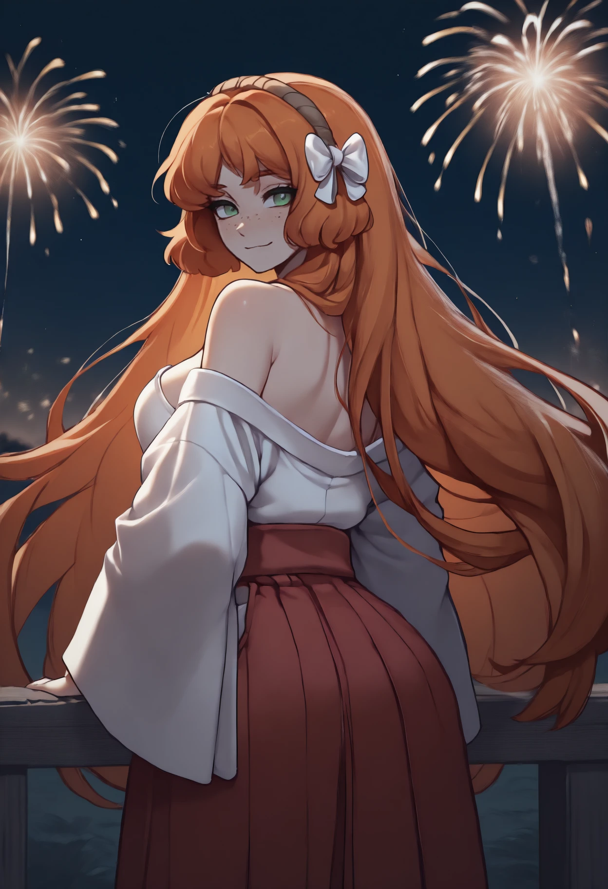 anime, masterpiece, best quality, from behind, solo, 1girl, ihml, freckles, slight smile, looking back, long hair, orange hair, sidelocks, hair bow, white bow, brown hairband, green eyes, japanese clothes, white kimono, off shoulder, red hakama, bare shoulders, outdoors, night, fireworks
<segment:yolo-Anzhc Face seg 640 v2 y8n.pt,0.4,0.5//cid=1>