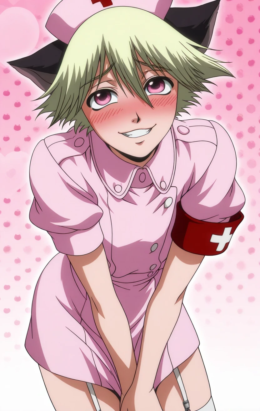 1boy, schro, short hair, pink eyes, blonde hair, cat ears, grin, 
crossdressing, skirt, nurse, embarrassed, 
<lora:schro-000005:1>