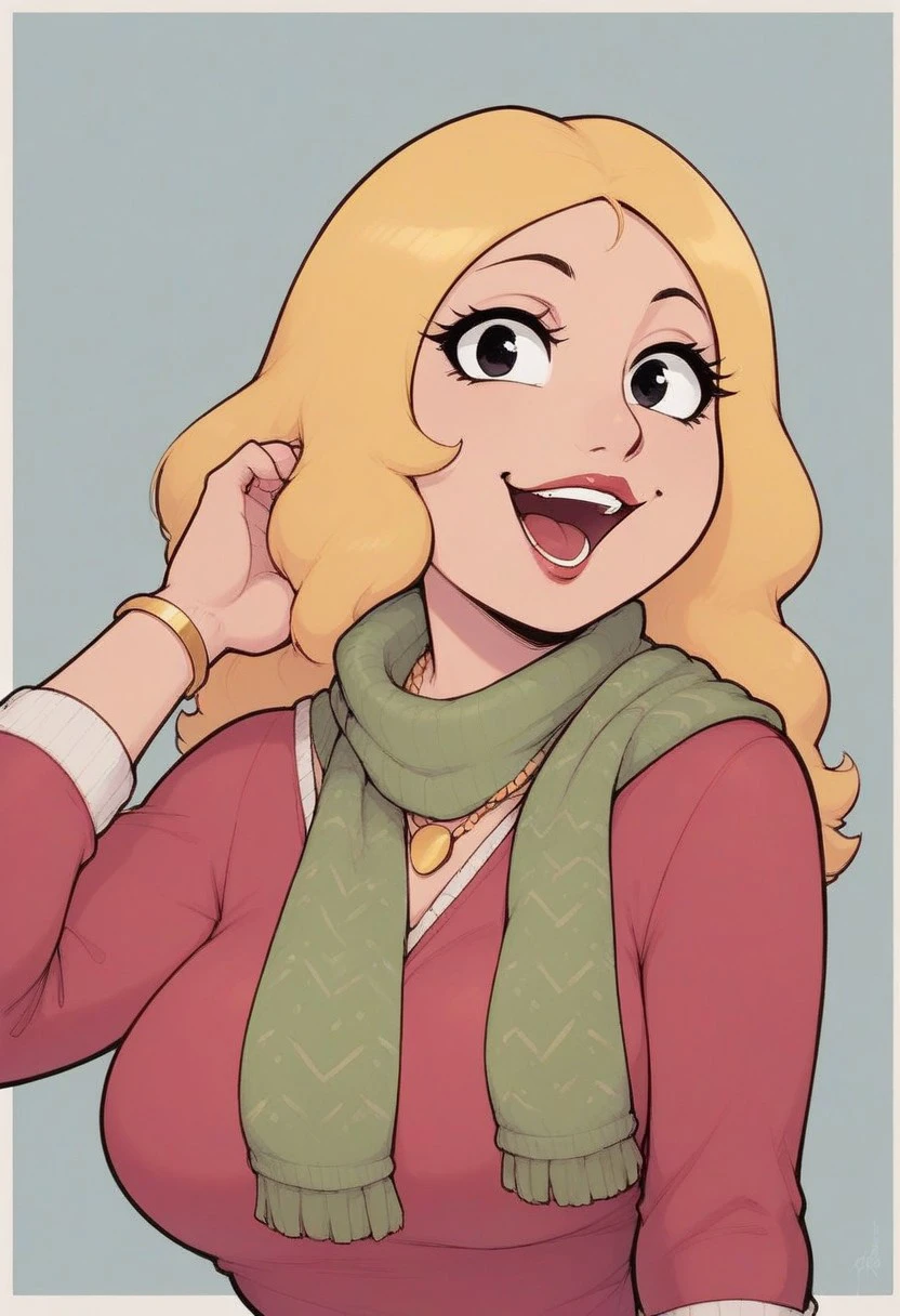 Score_9, Score_8_up, 1girl, solo, Francine, gold necklace, White bangle, Blonde hair, Christmas sweater, scarf, looking at viewer, open mouth, smile, happy, eyelashes,