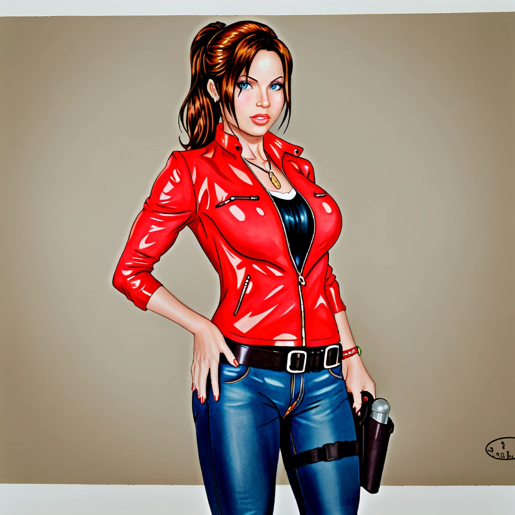 <lora:RudPatrocinio_pony_v1:1> score_9, rudpatrocinio_style, rudpatrocinio, source_artwork, traditional media <lora:clairere2remake_pony_v1:.8> ClaireResidentEvil2Remake, 1girl, large breasts, denim, brown hair, belt, jewelry, red jacket, jeans, pants, ponytail, necklace, long hair, blue eyes, zipper, holster, cowboy shot