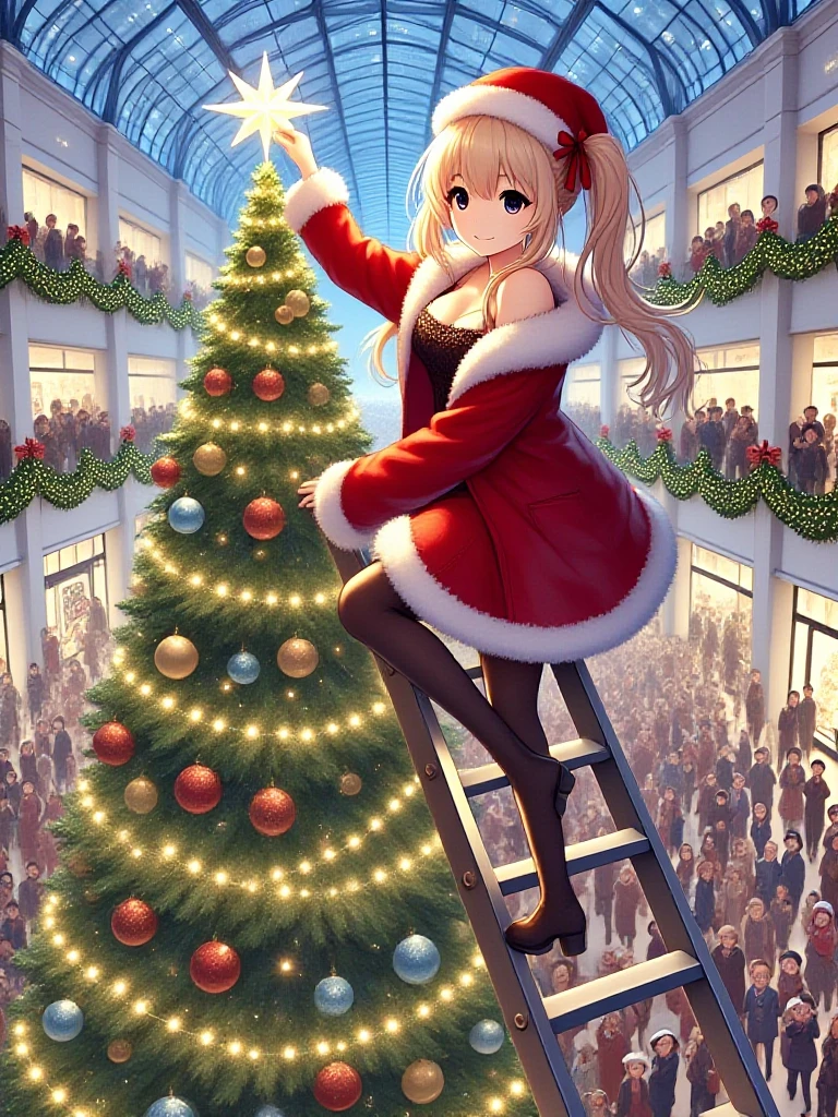 masterpiece, best quality, christmas tree with festive lights, 1girl on stepladder, hand on the star of tree top, blonde hair, twintails, ribbon, medium height, slim figure, cleavage, santa hat, fur trim, red coat, fur-trimmed coat, stockings, boots, crowd, indoors, shopping mall, ceiling, day, <lora:girllikechristmastree_flux:1>