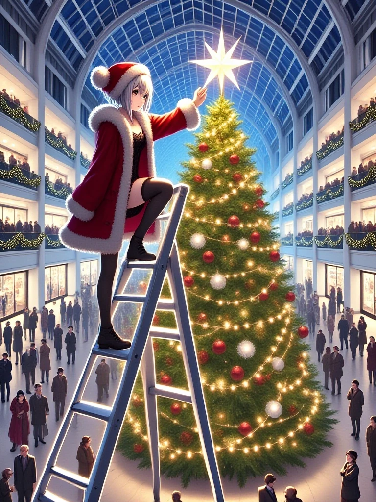 masterpiece, best quality, christmas tree with festive lights, 1girl on stepladder, hand on the star of tree top, grey hair, double bun, medium height, slim figure, cleavage, santa hat, fur-trimmed coat, miniskirt, stockings, boots, people, indoors, shopping mall, ceiling, day, <lora:girllikechristmastree_flux:1>