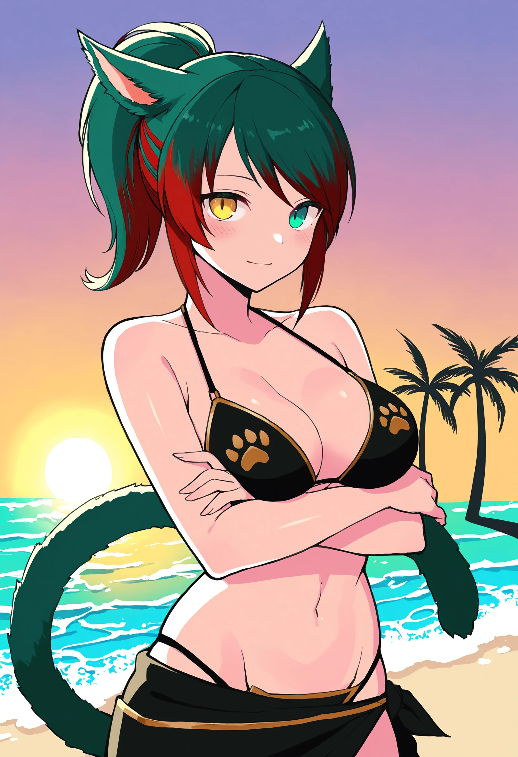 masterpiece, best quality, newest, absurdres, highres,1girl, solo, miqo'te, green hair, red hair, ponytail, short hair, heterochromia, yellow eyes, green eyes,palm tree, two-tone hair, tail, medium breasts, bikini,paw print bikini, black sarong with gold trim, light smile, beach, waves, sun, gradient background, sunset, blush,looking at viewer, arms under breasts
<lora:miqote siri (Illustrious) v1:1.0>