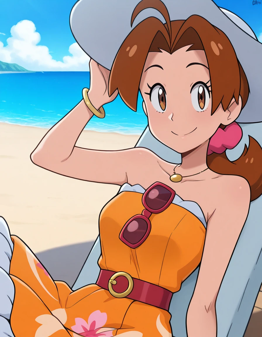 masterpiece, best quality, 1girl, <lora:Delia_Ketchum_IL:1>, deliaketchum, brown hair, low ponytail, ahoge, brown eyes, pink scrunchie, deliasummer, white hat, necklace, summer dress, strapless, sleeveless, orange dress, print dress, flower print, frilled dress, unworn eyewear, red belt, bracelet, looking at viewer, smile, hand on head wear, beach chair, beach, ocean