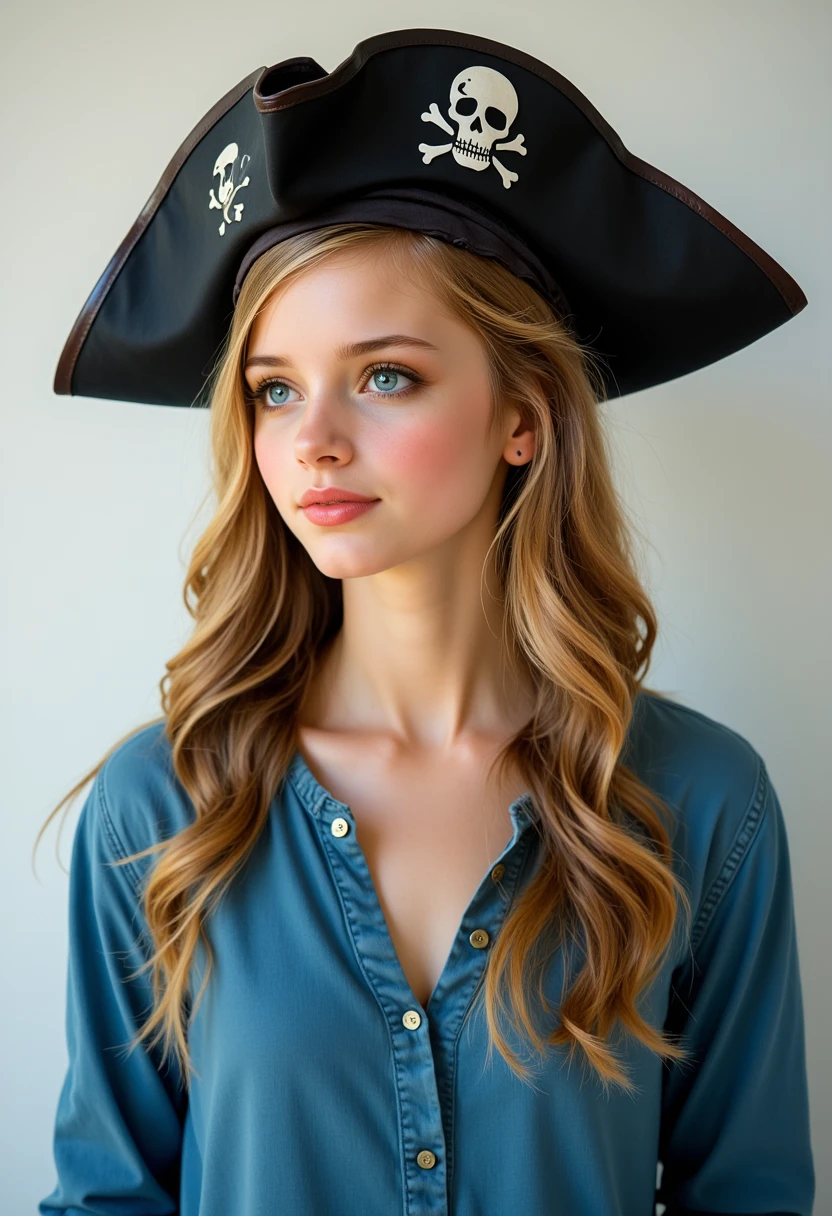 headshots, multiple angles,photoshoot poses; the image is a portrait of a young woman. she is standing. she has piercing eyes. A photo of P@tty_the pirate, wearing a pirate hat and a blue shirt. She has long blonde hair and is looking to the side. The image is a digital illustration, with a whimsical and playful style.. She has happy look on her face. she is laughing with her mouth open. The background is a simple white wall. The overall mood of the image is happy.RAW candid cinema,16mm,color graded portra 400 film,remarkable color,ultra realistic,textured skin,remarkable detailed pupils,realistic dull skin noise,visible skin detail,skin fuzz,dry skin,shot with cinematic camera,detailed skin texture,(blush:0.2),(goosebumps:0.3),subsurface scattering,beautiful photograph in the style of Augustus John,Sergio Toppi,Virginia Frances Sterrett,8k HD,detailed skin texture,ultra realistic,textured skin,analog raw photo,cinematic grain,whimsical.perfection style