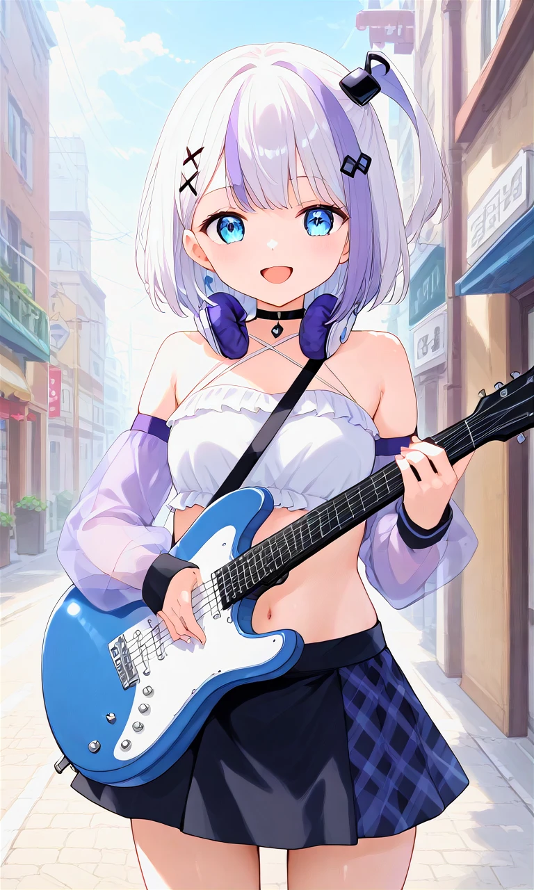 masterpiece, best quality, ultra-detailed, illustration, an extremely delicate and beautiful,high resolution, ultra-detailed,,perfect face,slender perfect body, Tight belly,Toned buttocks,Constricted waist,,(girl plays the guitar:1.7), 15yo,(white hair),(braided hair),(mini skart),(big smile),black sunglasses, (topless),(tattoo on thigh:1.3),(very short hair), shy daughter, short stature,(rock and roll star:1.3),(small breasts),on a luxurious stage), (band girl),((very wide shot )),( sweaty skin:1.2),(low view:1.5),(spread legs:1.3),(show off panties:1.3)