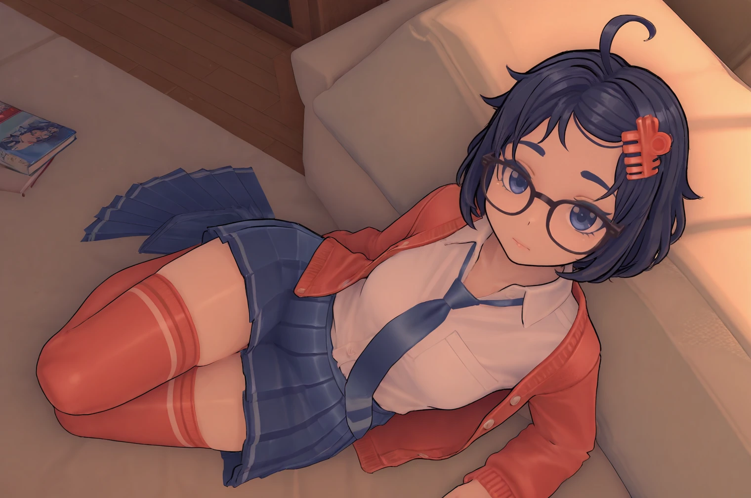 Mila, 1girl, ahoge, (glasses), short hair, (hairclip), white shirt, necktie, red open sweatshirt, blue pleated skirt, red thighhighs   blue eyes, masterpiece, best quality, 8k, high resolution, aesthetically pleasing, dark hair,    <lora:Mita-MiSide-4-4-Illustrious-000008:1>