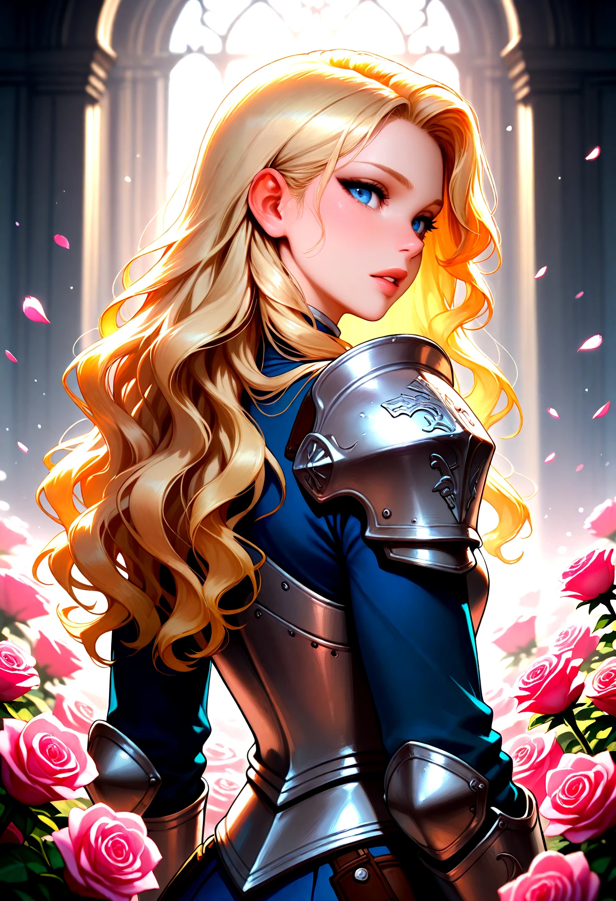 IllusP0s, 1girl, long hair, looking at viewer, blue eyes, blonde hair, long sleeves, upper body, flower, parted lips, looking back, from behind, armor, uniform, lips, petals, rose, wavy hair, shoulder armor, pink flower, pink rose