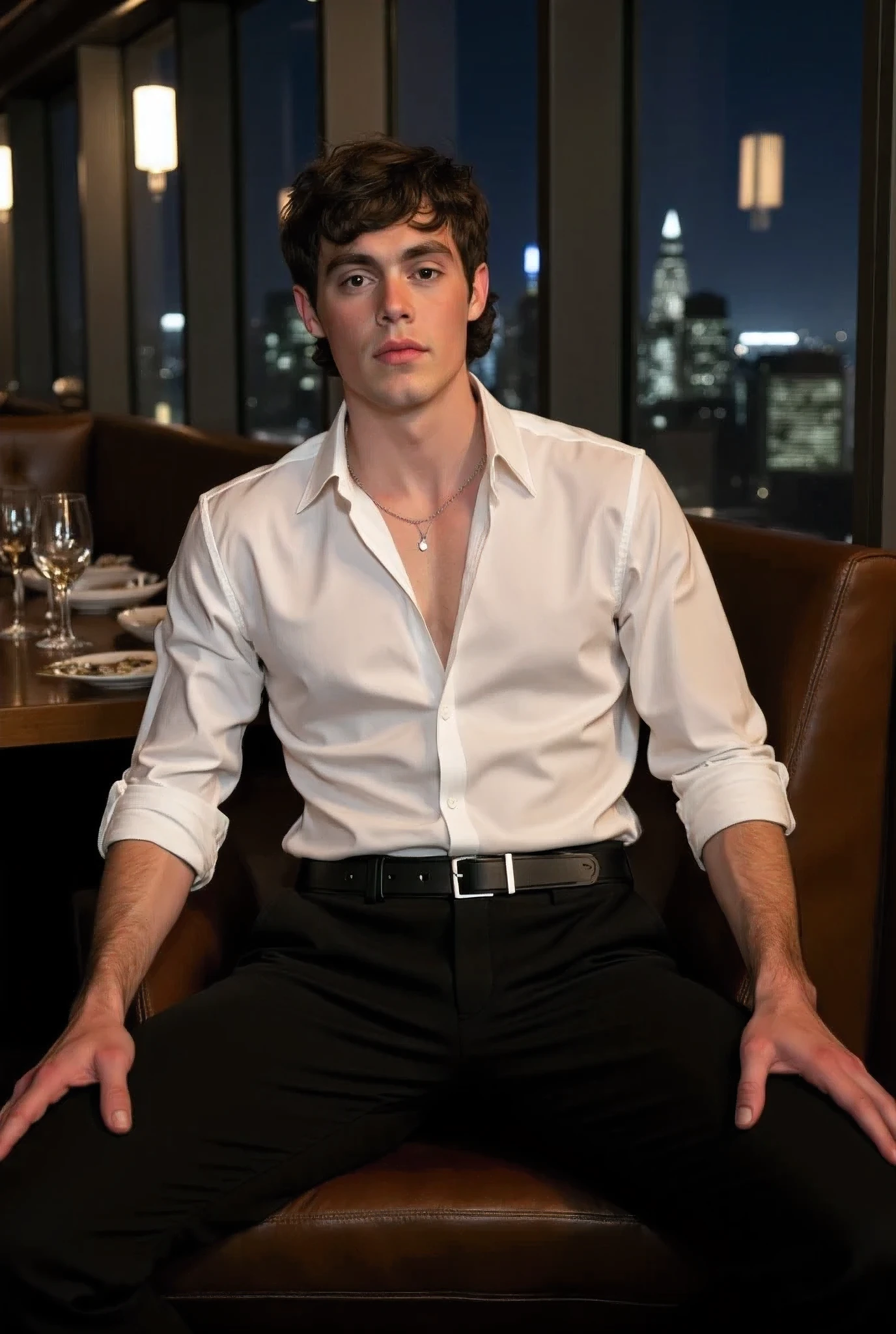 Jack Champion. This is a high-resolution photograph of Jack Champion he has fair complexion and short, dark, modern wavy hair that frames his face. He has a fit, toned build. He is sitting in a dimly lit, leaning back into the chair with his legs spread wide open, upscale restaurant with a panoramic view of a cityscape at night. He is wearing a crisp, white button-up shirt with the sleeves rolled up to his elbows, the fabric is tight across his chest and shoulders. He is wearing fitted black pants with a simple yet elegant black belt.