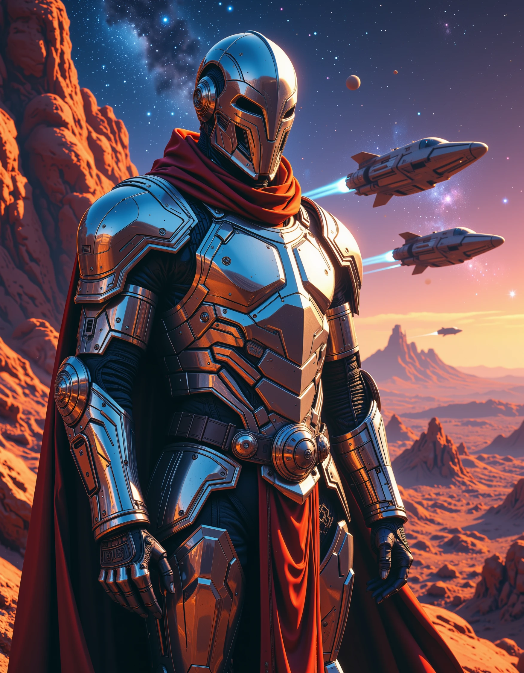 hyper-detailed ornate etching on the metal plated Retro-futuristic Death Paladin. high tech retro styled silver armor with complicated etchings. Confident pose. The background is empty space with some stars and a vibrant cosmic vista. Large Battle Spaceships with greebled textures float in the distance. Reflective metal armor.