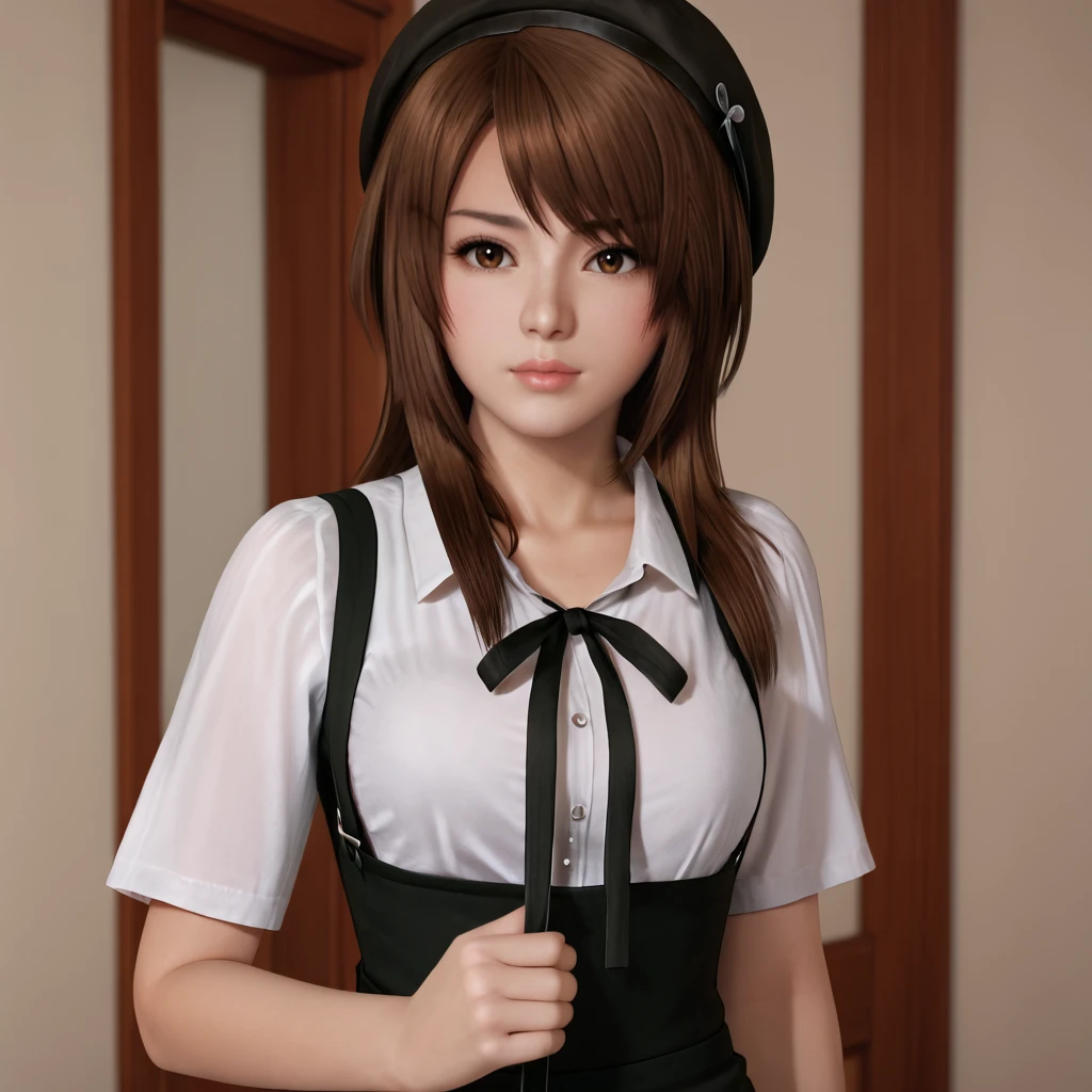 <lora:yurifatalframe_pony_v1:.7>  YuriFatalFrame, 1girl,  lips, brown eyes, brown long hair, cowboy shot,  <lora:0902 Home wear 5_v1_pony:1> ruanyi0902,beret,black ribbon,collared shirt,black pantyhose,high-waist skirt,white shirt,suspenders