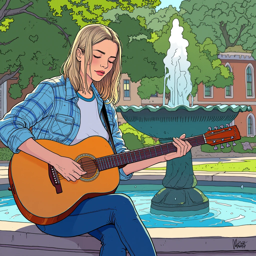 illustration in mb artstyle, a college woman is sitting outside on the ledge of a fountain in a park playing the guitar during a sunny day with natural lighting. she has shoulder-length blond straight hair and is wearing a light blue plaid shirt with rolled up sleeves to her elbows, revealing a plain white t-shirt with a blue collar underneath, as well as dark blue jeans.