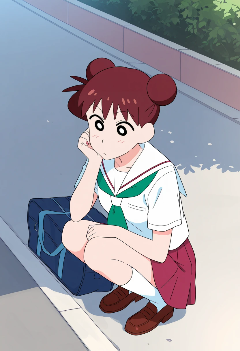 masterpiece, best quality, absurdres, highres, detailed background,
<lora:skurada_mimiko_crayon_shin-chan:1> 1girl, hair bun, brown hair, double bun, sakura mimiko, street, squatting, school uniform,