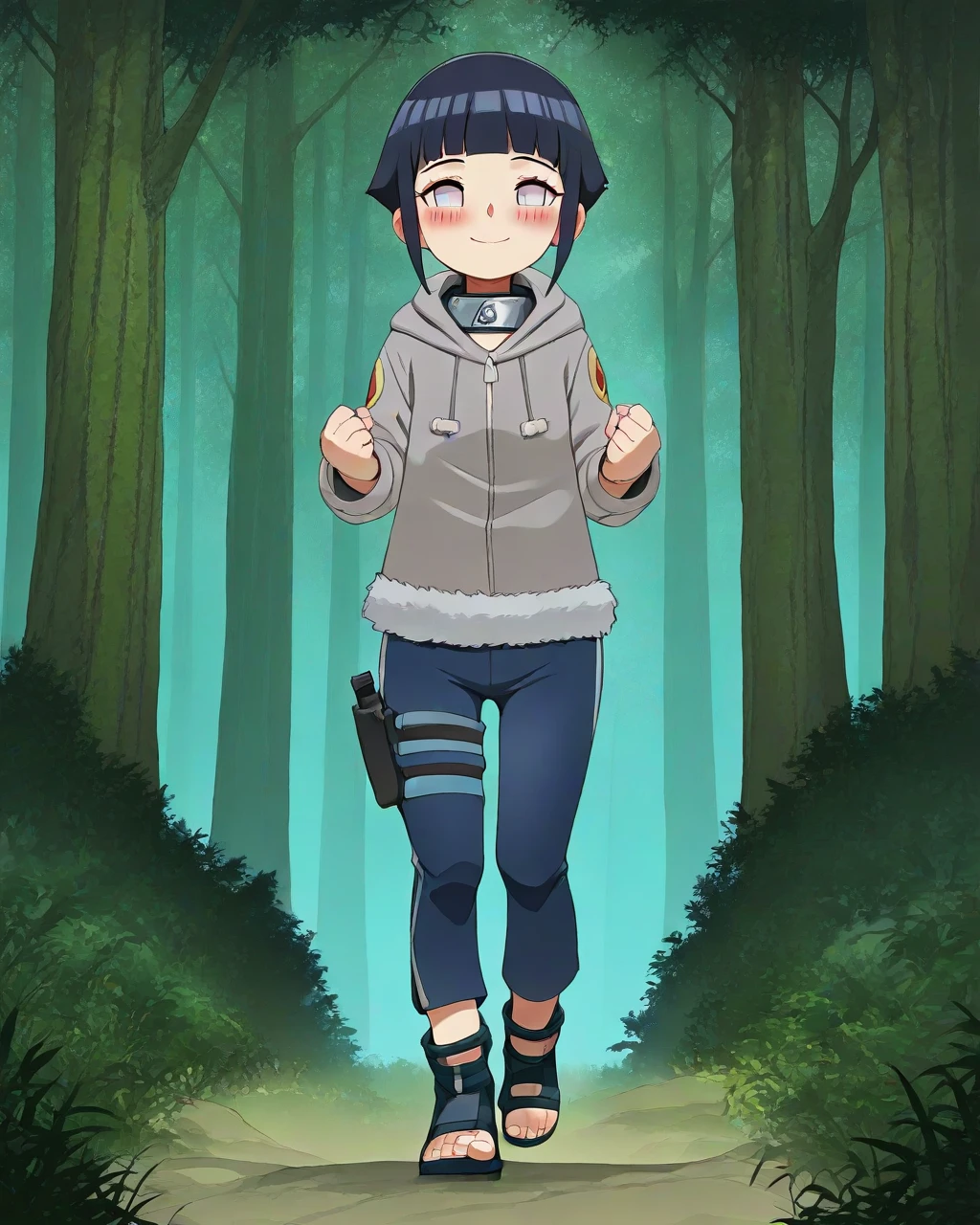 masterpiece, best quality, bldmn, 1girl, solo, hinatagenin, grey jacket, smile, blush, clenched hands, looking at viewer, walking, full body, blue pants, long pants, thigh holster, toeless footwear, forest