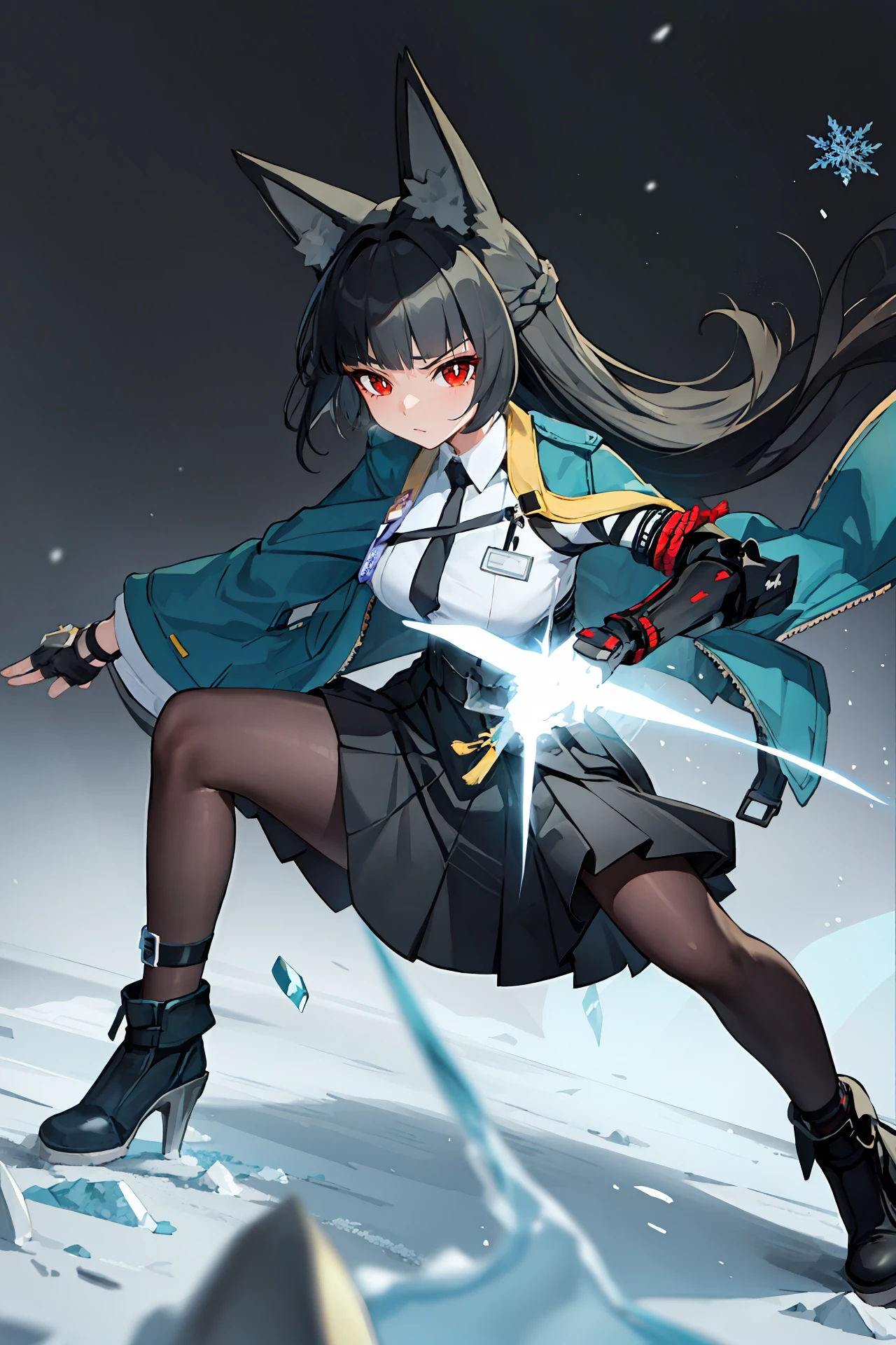 1girl, hoshimi miyabi, black pantyhose, aqua jacket, single mechanical arm, arm out of sleeve, fingerless gloves, hakama short skirt, white collared shirt, black necktie, ankle boots, anklet, depth of field, full body, snowflakes, ice, combat pose, incoming attack, glaring, looking at viewer