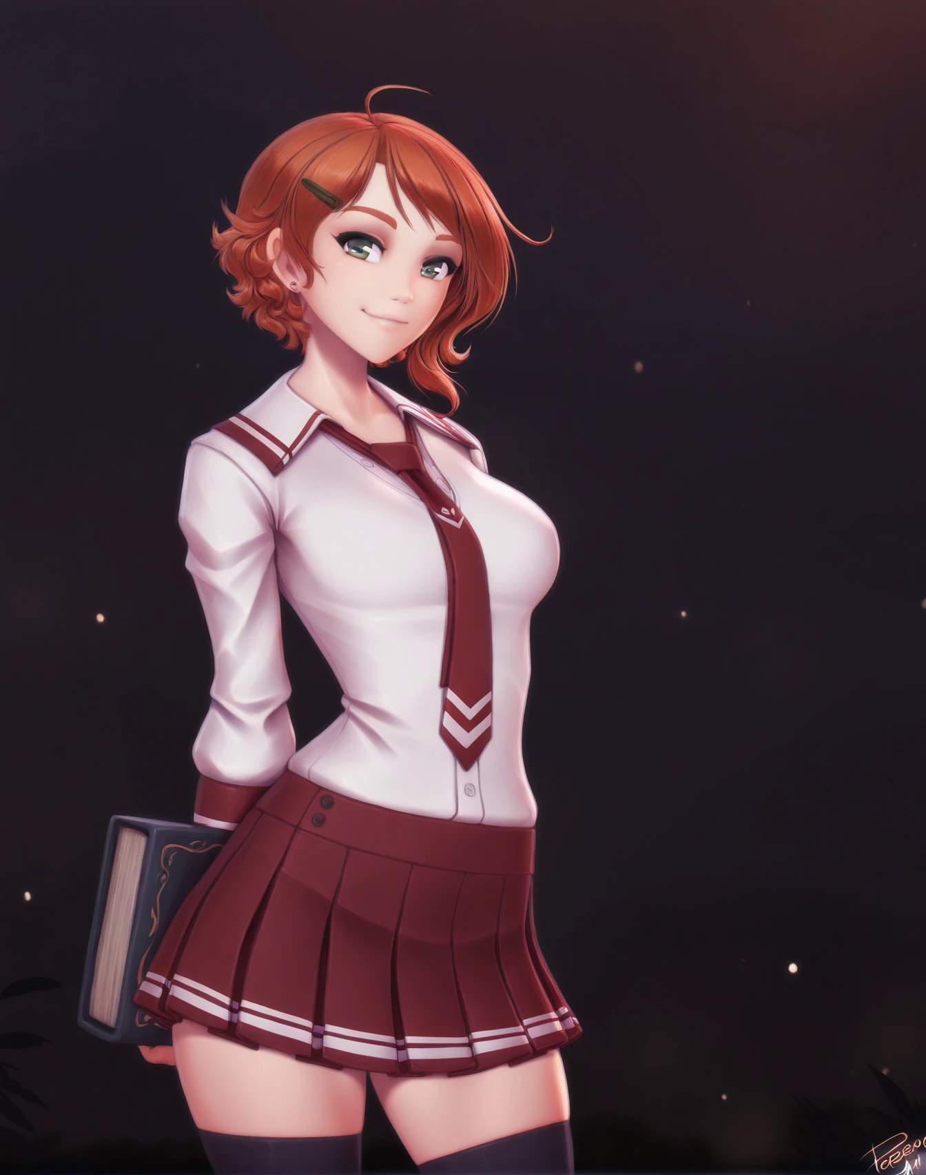 <lora:_Personalami_NAIXL-000025:1> art by Personalami, artist:Personalami, best quality, masterpiece, source_anime, 1girl, solo, breasts, looking at viewer, smile, short hair, simple background, shirt, skirt, long sleeves, hair ornament, thighhighs, holding, jewelry, standing, green eyes, school uniform, white shirt, earrings, pleated skirt, necktie, hairclip, black thighhighs, miniskirt, orange hair, zettai ryouiki, book, red skirt, arms behind back, black background, red necktie