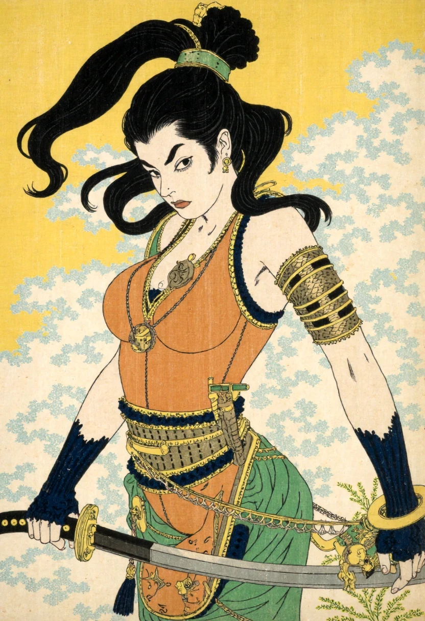 Ukiyo-e style by Katsushika Hokusai of a powerful female warrior, the subject is a young woman with long, flowing black hair tied into a high ponytail, adorned with a golden accessory, her skin is pale, and she has a determined expression, she is dressed in a form-fitting, sleeveless outfit with a mix of orange and green hues, accentuating her muscular physique, her attire is adorned with intricate, metallic shoulder pads and a belt that wraps around her waist, adding to her warrior-like appearance, she wears black, fingerless gloves that extend to her elbows, and her sword is held firmly in her right hand, suggesting she is ready for battle, the background is a gradient of yellow and white, with fluffy, ethereal clouds, creating a sense of movement and energy, the overall composition is dynamic, with the character standing at a slight angle, emphasizing her strength and readiness,<lora:CustomFlux/Katsushika_Hokusai.safetensors:1.0:1.0>