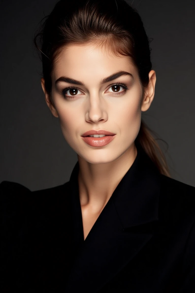 Create a close-up, high-fashion portrait of a woman with striking eyes and confident smile. Her hair is styled back in a sleek manner, revealing her facial features with clarity. She wears a sophisticated black outfit that exudes elegance and minimalism. The background is a smooth gradient of dark gray, enhancing the overall refined and contemporary aesthetic. The lighting is soft yet directional, highlighting her flawless complexion and subtle makeup, with a focus on her eyes and cheekbones. The mood of the portrait is polished, modern, and artistic.