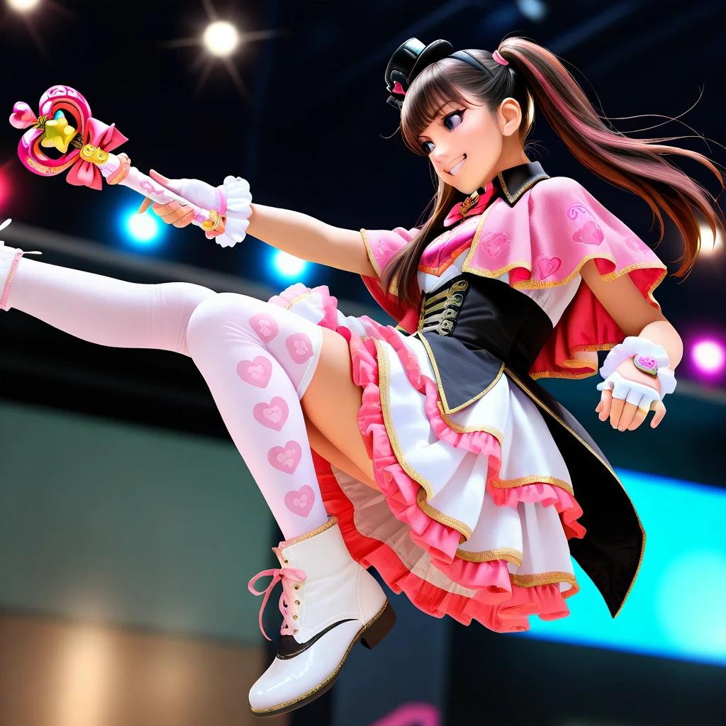 masterpiece, best quality, amazing quality, newest,(dynamic pose,:1.2),battle, <lora:SakuraiKokomi:0.7>,1girl,sakuraikokomi,twintails,smile,brown hair,long hair,black eyes,makeup,multicolored hair,
eyeshadow,Phantomirage,dress,mini hat,capelet,heart,bow,idol clothes,pink bow,black headwear,bowtie,mini top hat,pink_capelet,pink bowtie,wand,wrist cuffs,fingerless gloves,white gloves,corset,top hat,cosplay,frills,skirt,white skirt,frilled dress,layered skirt,pink thighhighs,white thighhighs,print thighhighs,thighhighs,shoelaces,shoes,