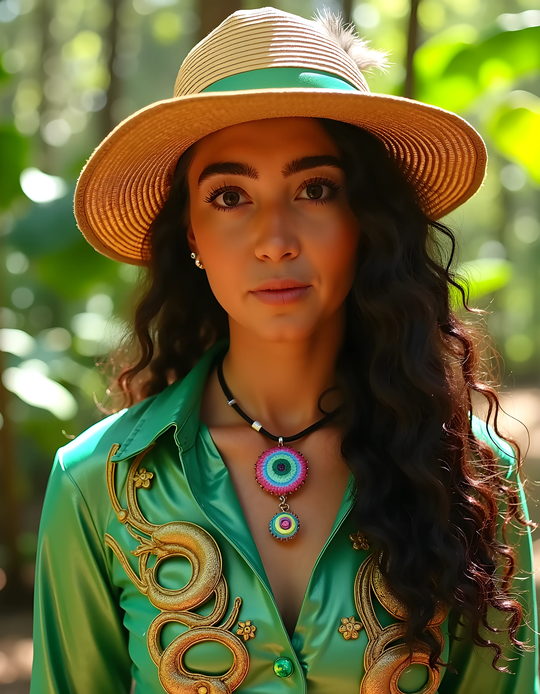 A beautiful Native American girl in a lush green forest, wearing a traditional dress, with long flowing hair, detailed facial features, looking thoughtfully into the distance, surrounded by wildlife, light streaming through the trees, ethereal, vibrant colors, photorealistic, 8k, highly detailed