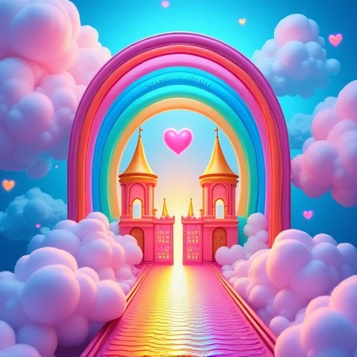 carebearland, a whimsical movie poster for a children's film, featuring large heart-shaped palace doors adorned with colorful patterns, a shiney rainbow pathway leading up to the grand entrance, fluffy clouds floating serenely in a bright blue sky, vibrant colors throughout, enchanting atmosphere reminiscent of a magical dreamland, illustrated in a playful and charming style reminiscent of modern Disney art.