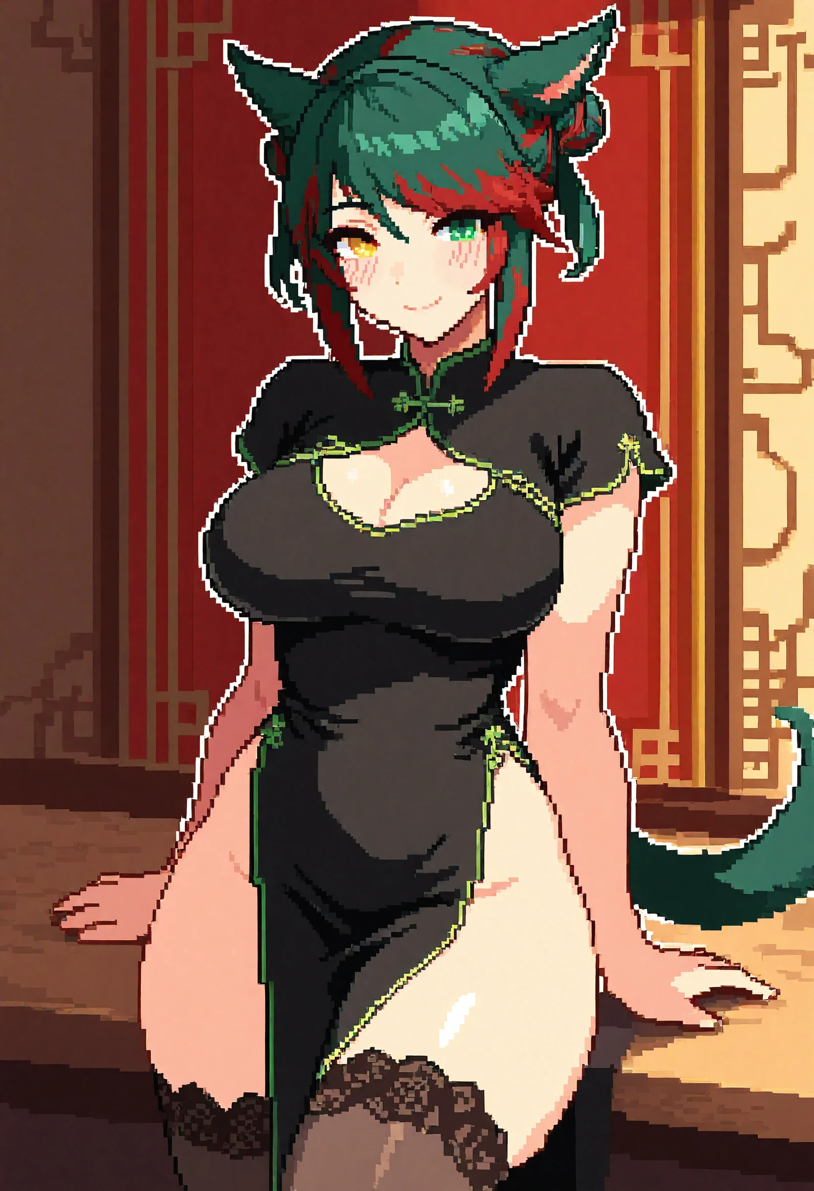 masterpiece, best quality,newest,highly detailed,  absurdres, highres,1girl, solo, miqo'te, green hair, red hair, siriha, blush, two-tone hair, tail, heterochromia, yellow eyes, green eyes, looking at viewer, smile, double bun, china dress, mature female, seductive , thighhighs, pixel art
<lora:miqote siri (Illustrious) v1:1>  <lora:Pixel_Art Illustrious:1>