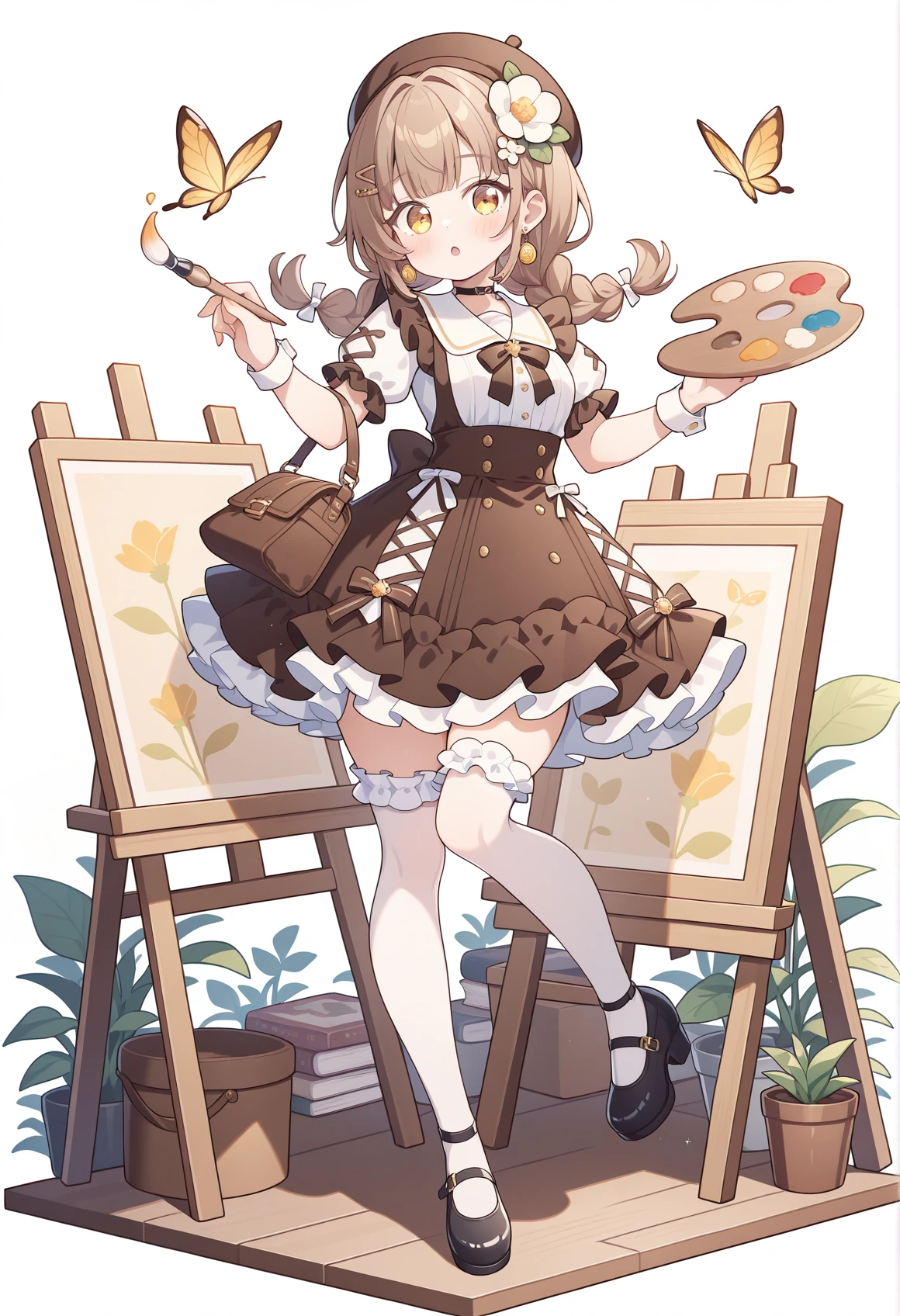 1girl,solo,thighhighs,bug,flower,braid,white thighhighs,hat,palette (object),bow,brown hair,hair ornament,white flower,paintbrush,butterfly,yellow eyes,looking at viewer,bird,shoes,twintails,frills,bangs,book,beret,stool,dress,black footwear,:o,chair,standing,bag,long hair,twin braids,full body,hair flower,holding,holding paintbrush,earrings,shirt,easel,standing on one leg,jewelry,short sleeves,skirt,puffy sleeves,blush,frilled thighhighs,white shirt,animal,brown headwear,plant,frilled dress,low twintails,
simple background,white background,pastel colors,CUTE2712,<lora:CUTE2712_Illustrious by Cyql.:1>,
perfect quality,high quality,masterpiece,best quality,amazing quality,very aesthetic,Cinematic Lighting,newest,Tactical use of shadow,