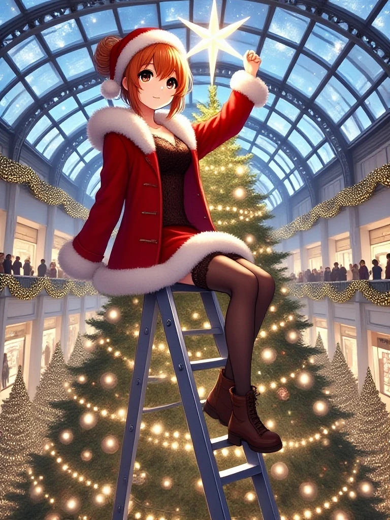 masterpiece, best quality, christmas tree with festive lights, 1girl on stepladder, hand on the star of tree top, copper hair, updo, medium height, slim figure, cleavage, santa hat, fur trim, red coat, fur-trimmed coat, stockings, boots, people, indoors, shopping mall, ceiling, day, <lora:girllikechristmastree_flux:1>