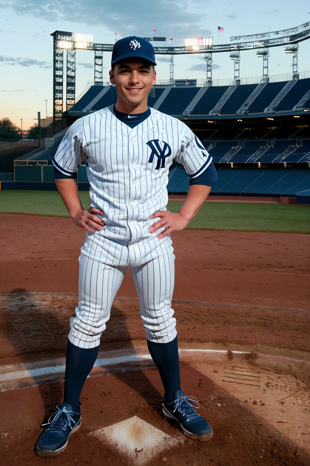 dusk, baseball field, outdoors, stadium lighting, standing at third base, ElyeBlack is a baseballplayer, smile, baseball uniform, (white jersey with dark blue pinstripes:1.4), white pants with dark blue pinstripes, (dark blue socks), long socks, dark blue helmet, (dark blue sneakers), ((full body portrait)), wide angle <lora:Clothing - Sexy Baseball Player:0.6> <lora:ElyeBlack:0.8>