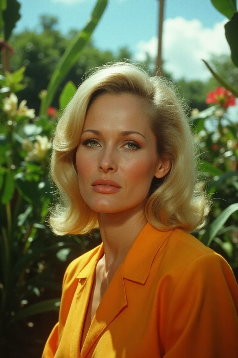 A stunning close-up portrait of a medium sized blonde woman, captured on film with Kodak's signature colors. The scene unfolds in an exotic floral garden, where the subject sits elegantly, her vibrant top a pop of color against lush greenery. A beautiful smile illuminates her features as the camera captures her serene expression. Framed by a 90mm lens, the image is remarkably detailed, with leaves and stems subtly visible through the model's hair. The perfect lighting accentuates her porcelain complexion, while the sky above peeks through the foliage, adding depth to this exquisite shot.