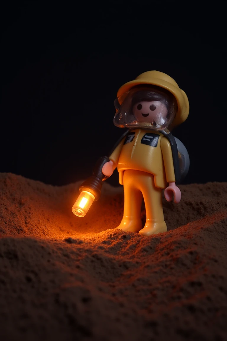 playmobil. A figure in a hazmat suit investigating a glowing meteorite in a crater.
