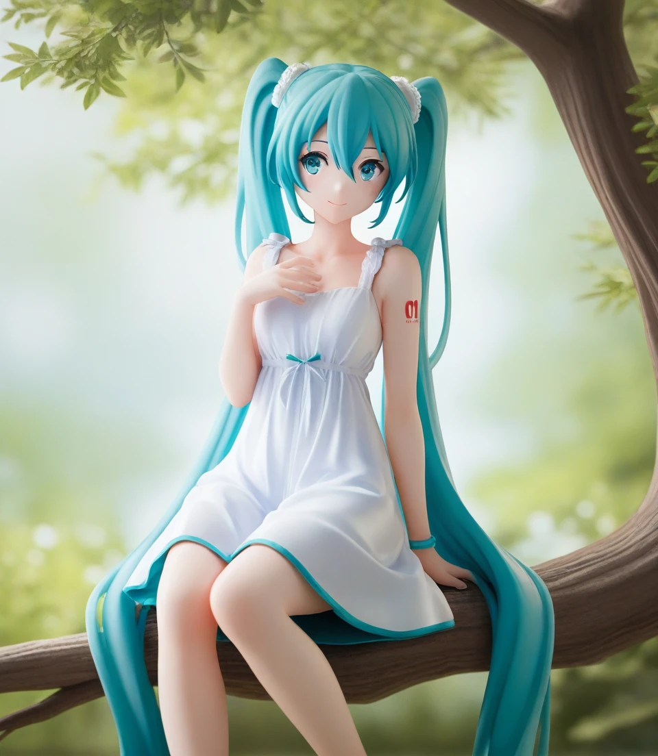 1girl,masterpiece,high quality,best quality,beautiful,upper body,white dress,sitting on tree,miku,