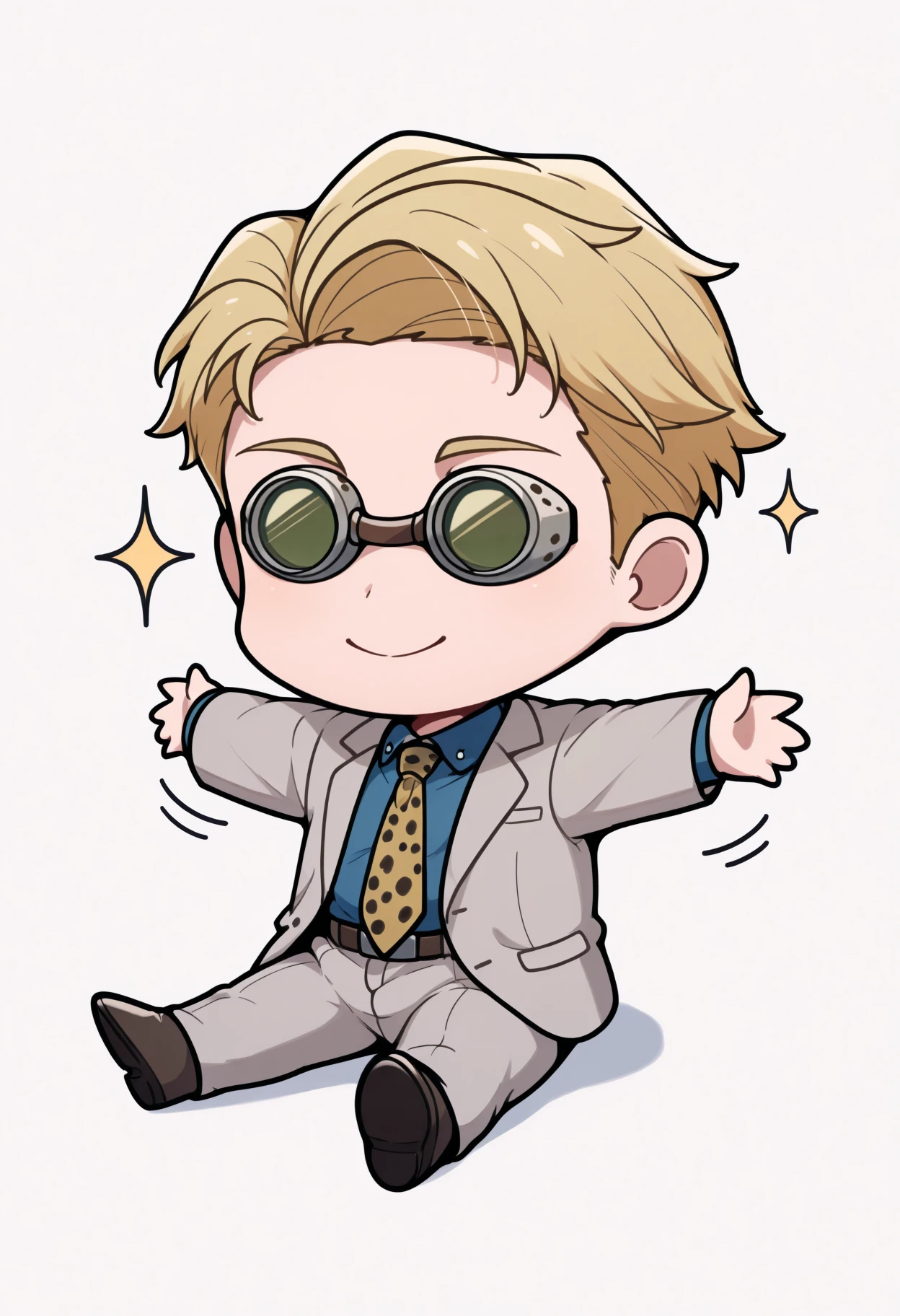 masterpiece, best quality, 1boy, solo, NanamiBase, blonde hair, short hair, goggles, grey jacket, yellow necktie, leopard print, blue shirt, collared shirt, grey pants, sitting, on floor, smile, sparkles, spread arms, chibi, meme, thick lines, simple background, white background, <lora:ChamKentoNanamiIllustriousXL:1>