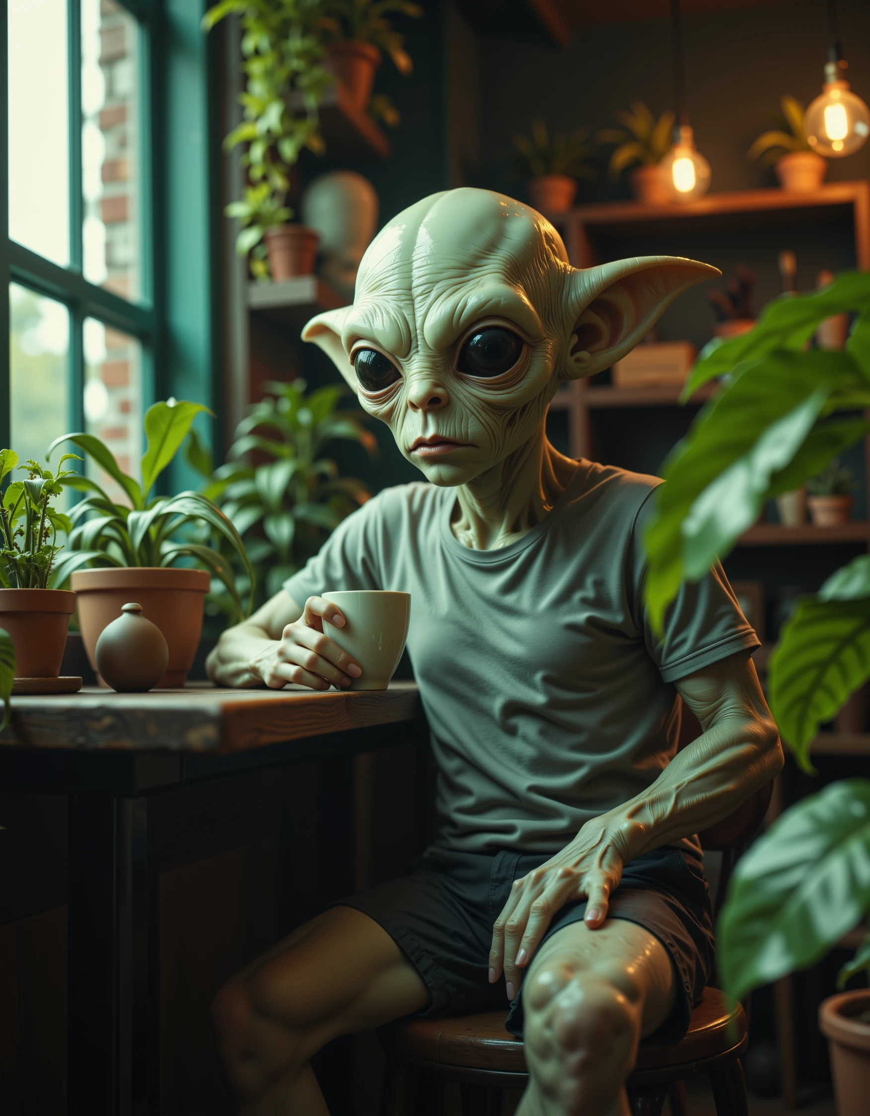 A weird alien with large ears sits at a dimly lit cafe with a cup of coffee. His skin is a smooth soft pale translucent green. Wrinkly textured skin. The cafe is decorated with many plants. The aliens body is thin and soft looking. The head is quite large and almost translucent. Atmospheric aesthetic with exaggerated depth of field. The alien is wearing shorts and a t-shirt.