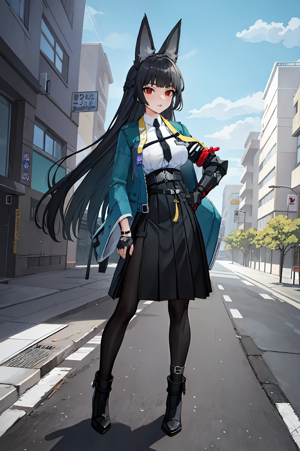 1girl, hoshimi miyabi, solo, black pantyhose, hakama short skirt, fingerless gloves, white collared shirt, aqua jacket, single mechanical arm, arm out of sleeve, black necktie, ankle boots, anklet, full body, standing, parted lips, looking at viewer, hand on hip, outdoors, street