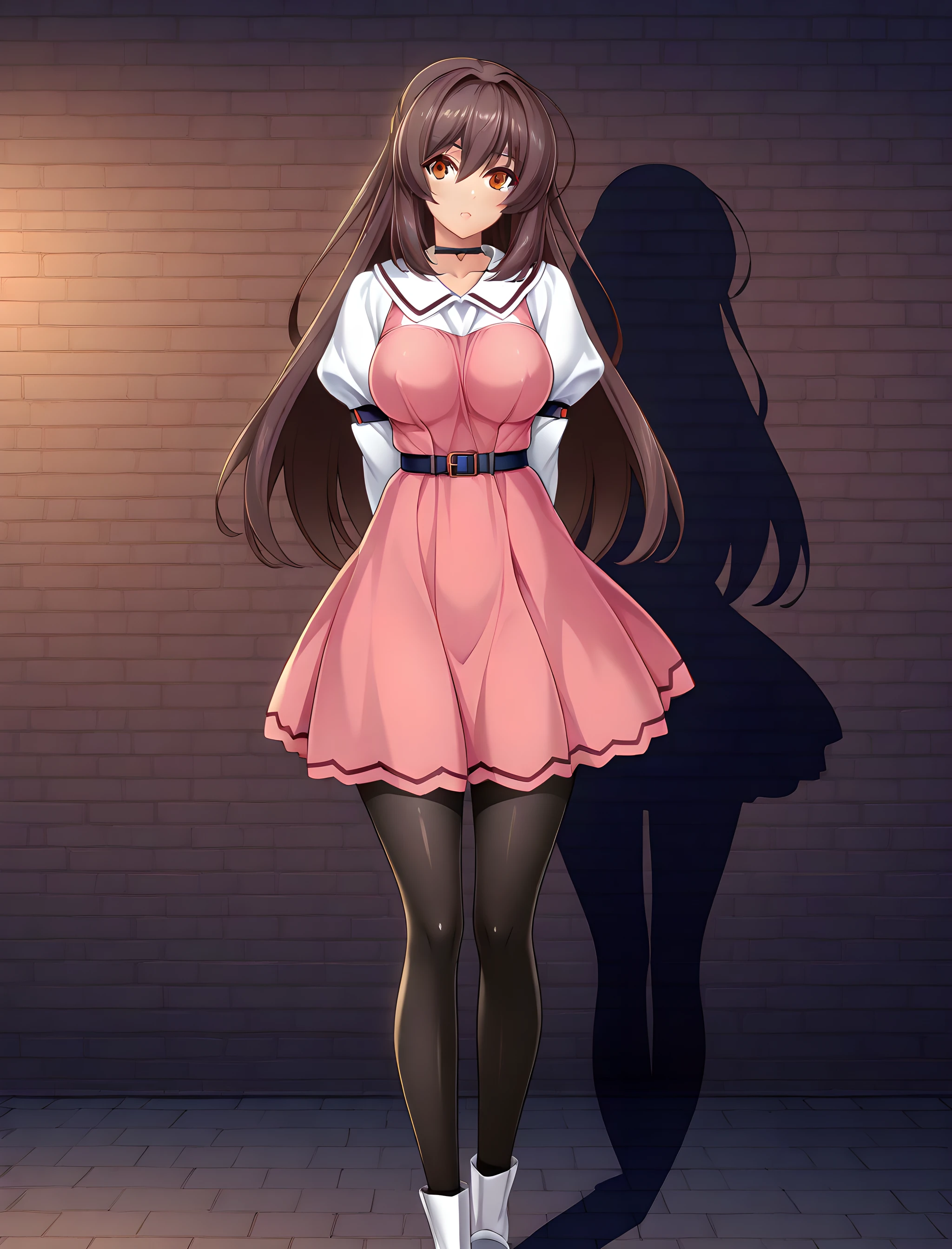 marina katsuragi, casualoutfit, 1girl, solo, long hair, dress, pantyhose, dark alleyway background, midnight, cowboy shot, brown hair, black pantyhose, , white footwear, looking at viewer, pink dress, arms behind back, <lora:MarinaKatsuragiIllustXL:1>, (masterpiece),(best quality),(ultra-detailed),(best illustration),(best shadow),(absurdres),(detailed background),(very aesthetic),