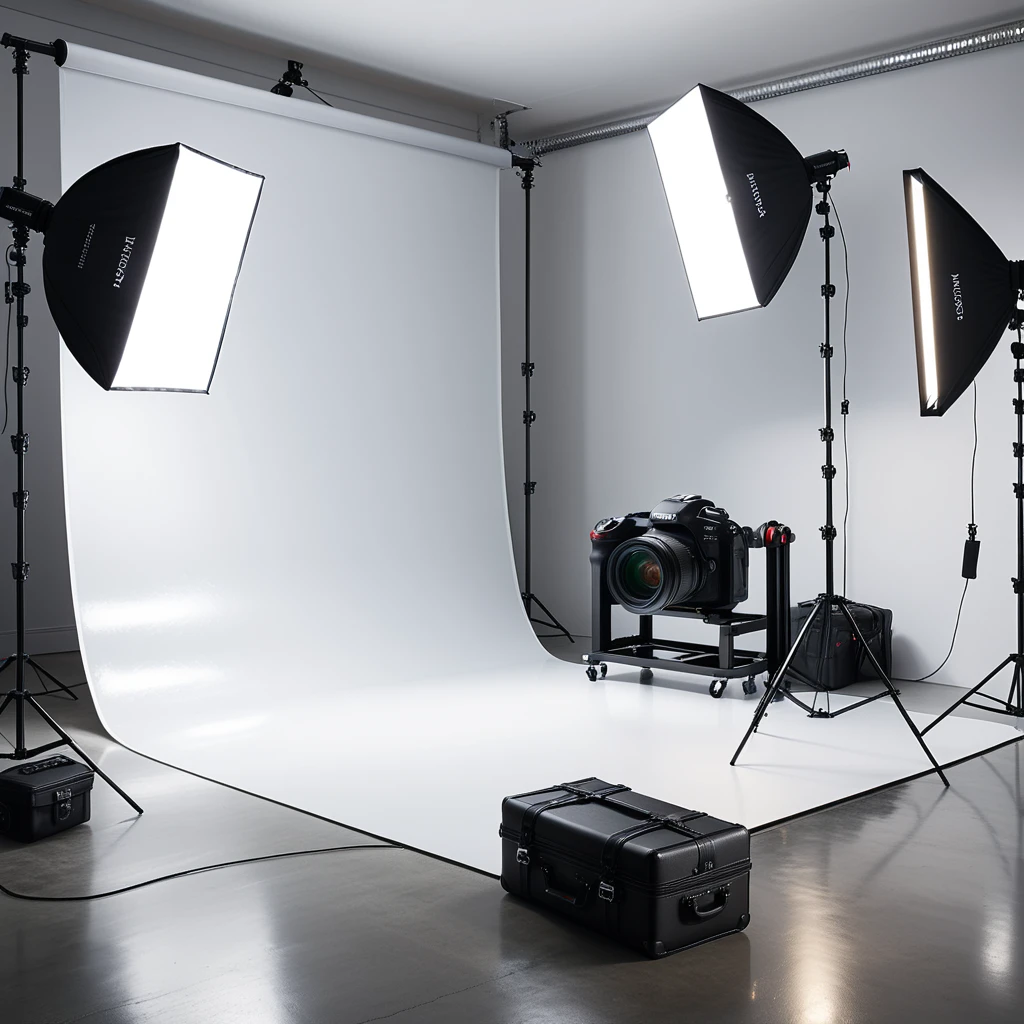 A professional photography studio with a clean, modern design. The room has smooth white walls and a polished concrete floor. A large white backdrop extends across one wall, seamlessly curving into the floor to create an infinity effect. Positioned directly in front of the backdrop is a high-end DSLR camera mounted on a sturdy black tripod, aimed toward the scene for shooting. The camera has a visible lens and adjustment dials, indicating a professional setup. On either side of the backdrop are two large softbox lights mounted on adjustable stands, emitting a soft, even glow. In the background, there are black equipment cases stacked neatly against the wall, adding to the organized workspace. The overhead fluorescent lights illuminate the space evenly, and faint reflections of the setup can be seen on the smooth floor. The overall atmosphere is bright, clean, and professional, emphasizing functionality and creative potential.
<lora:SDXLFaeTastic2400:0.4> <lora:extremely_detailed:0.4> extremely detailed, Masterpiece,best quality,hi res,8k,hi res,8k,award winning,(sharp focus, intricate, highly detailed),