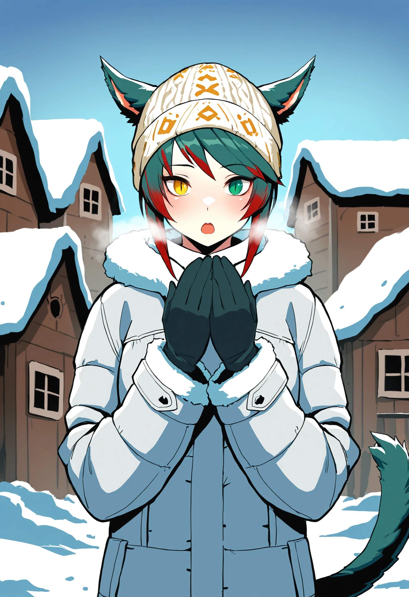 masterpiece, best quality, newest, absurdres, highres,1girl, solo, miqo'te, green hair, red hair, short hair, two-tone hair, tail, heterochromia, yellow eyes, green eyes,ears through headwear, beanie, winter, winter clothes,open mouth, gloves, cold, breath, winter jacket, winter clothes, winter uniform, slit pupils, upper body, straight-on, winter, houses, village, snow
<lora:miqote siri (Illustrious) v1:1>