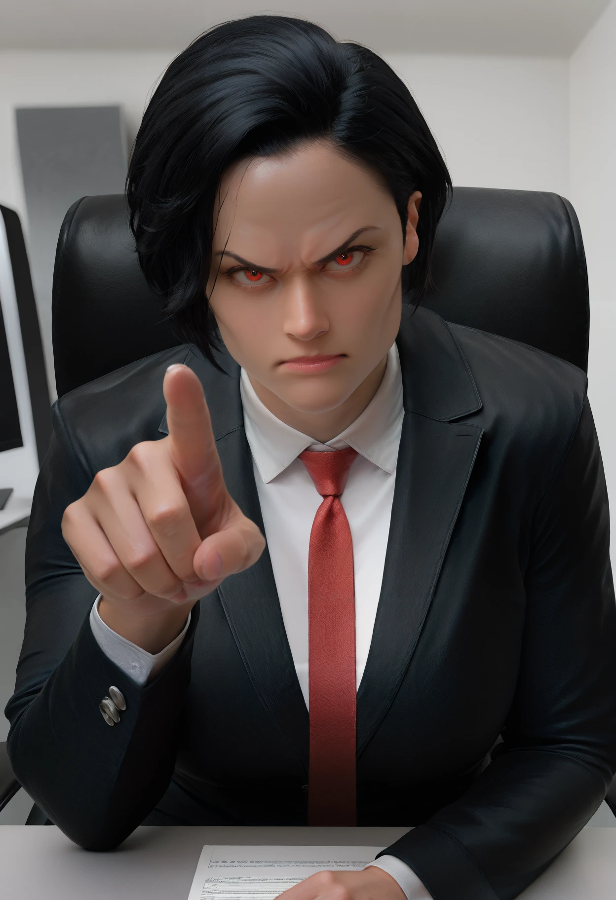 masterpiece, best quality, newest, absurdres, highres, realistic, photorealistic, looking at viewer, angry, 1girl, solo, kaotybirhdn, black hair, short hair, red eyes, office, indoors, sitting on office chair, pov across table, black jacket, red necktie, white collared shirt, pointing at viewer, 
<lora:Katy OâBrian:1>