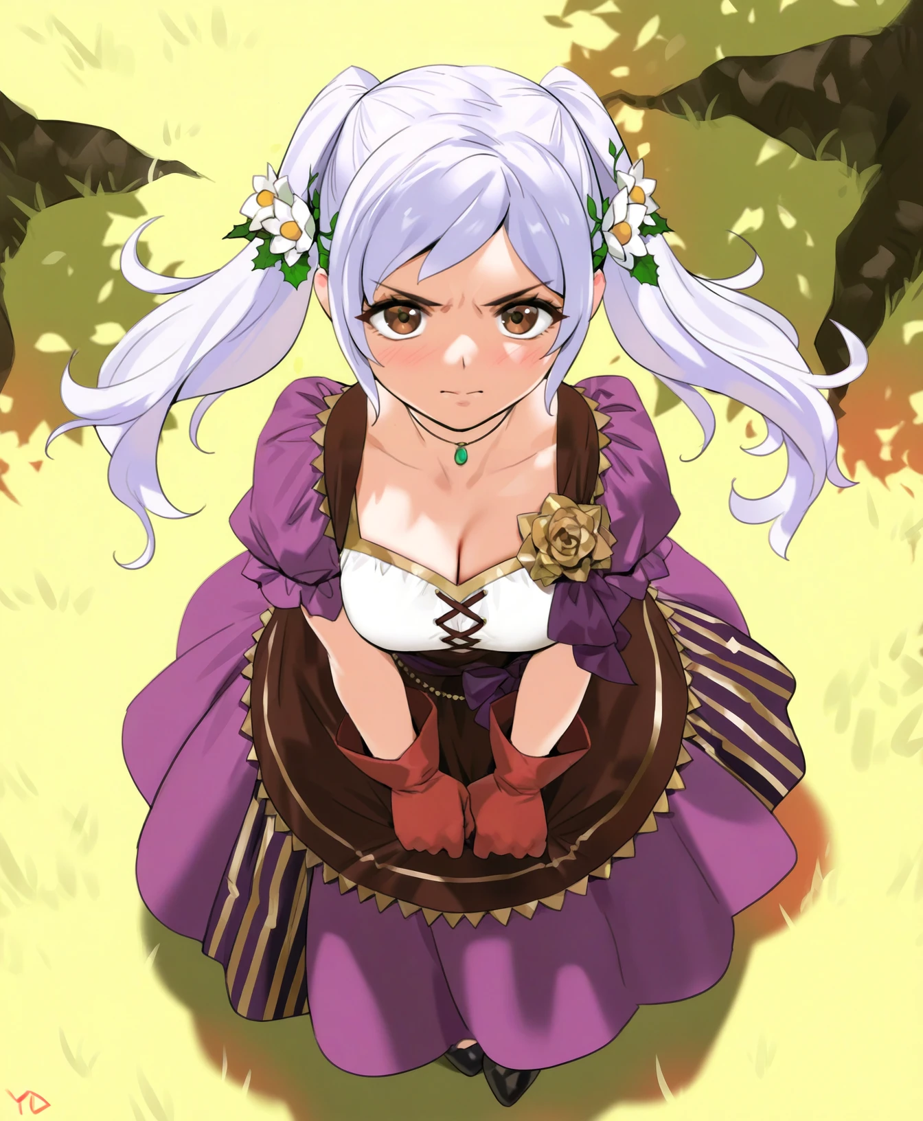 yd \(orange maru\), 
sfw, 1girl, solo, clothed,
robin \(female\) \(valentine\) \(fire emblem\), fire emblem, medium breasts, white hair, grey hair, blue hair, long hair, twintails, hair ornament, hair flower, brown eyes,
v-shaped eyebrows,
BREAK,
from above,
full body,
detailed background,
masterpiece, best quality, absurdres