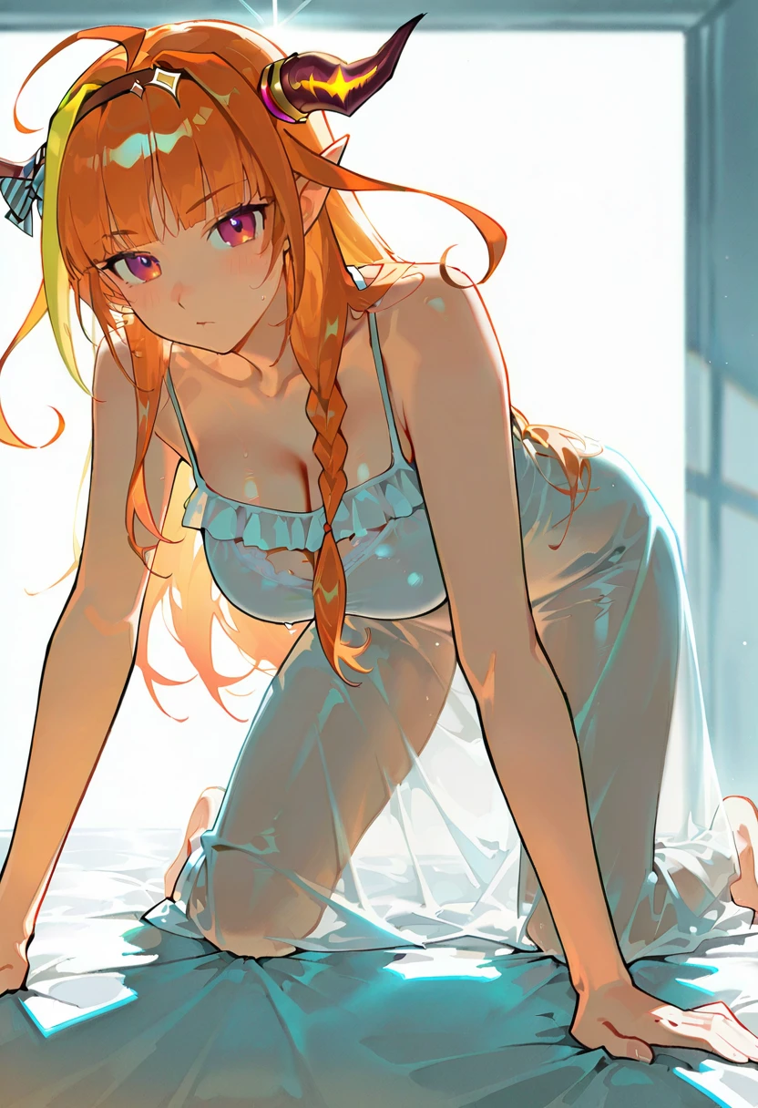 1girl,solo,looking at viewer, echo (circa),wtsstadamit, silhouette, see-through, backlighting, sundress, kiryu_coco, white dress, sunlight,all fours,