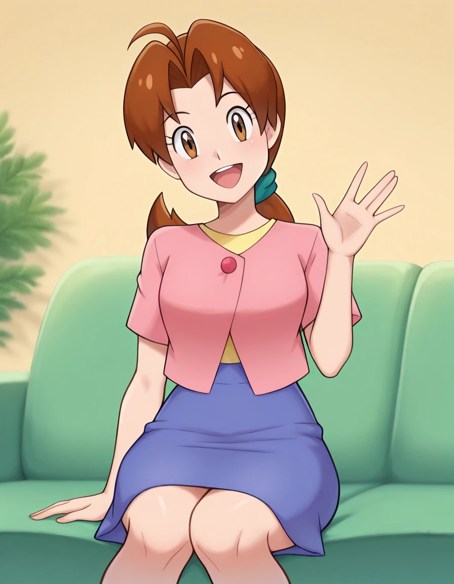 masterpiece, best quality, 1girl, <lora:Delia_Ketchum_IL:1>, deliaketchum, brown hair, low ponytail, ahoge, brown eyes, aqua scrunchie, deliahome, layered clothes, pink shirt, yellow shirt, pink button, blue skirt, legs, looking at viewer, smile, open mouth, head tilt, waving, living room