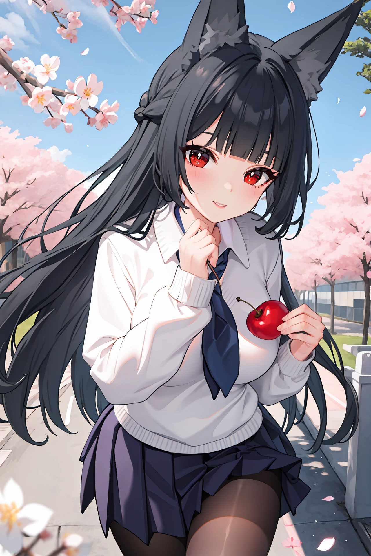 1girl, hoshimi miyabi, solo, school uniform, white collared shirt, sweater, pleated skirt, pantyhose, parted lips, light smile, looking at viewer, outdoors, street, cherry blossoms, petals, depth of field