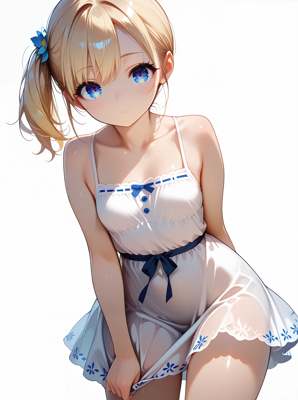 masterpiece,amazing quality,best quality,ultra-detailed,8K,illustration,CG,shiny hair,clear skin,ultra-detailed-eyes,simple background,cute girl, eyelashes <lora:side ponytail_illustrious_V1.0:1> side ponytail,summer dress,