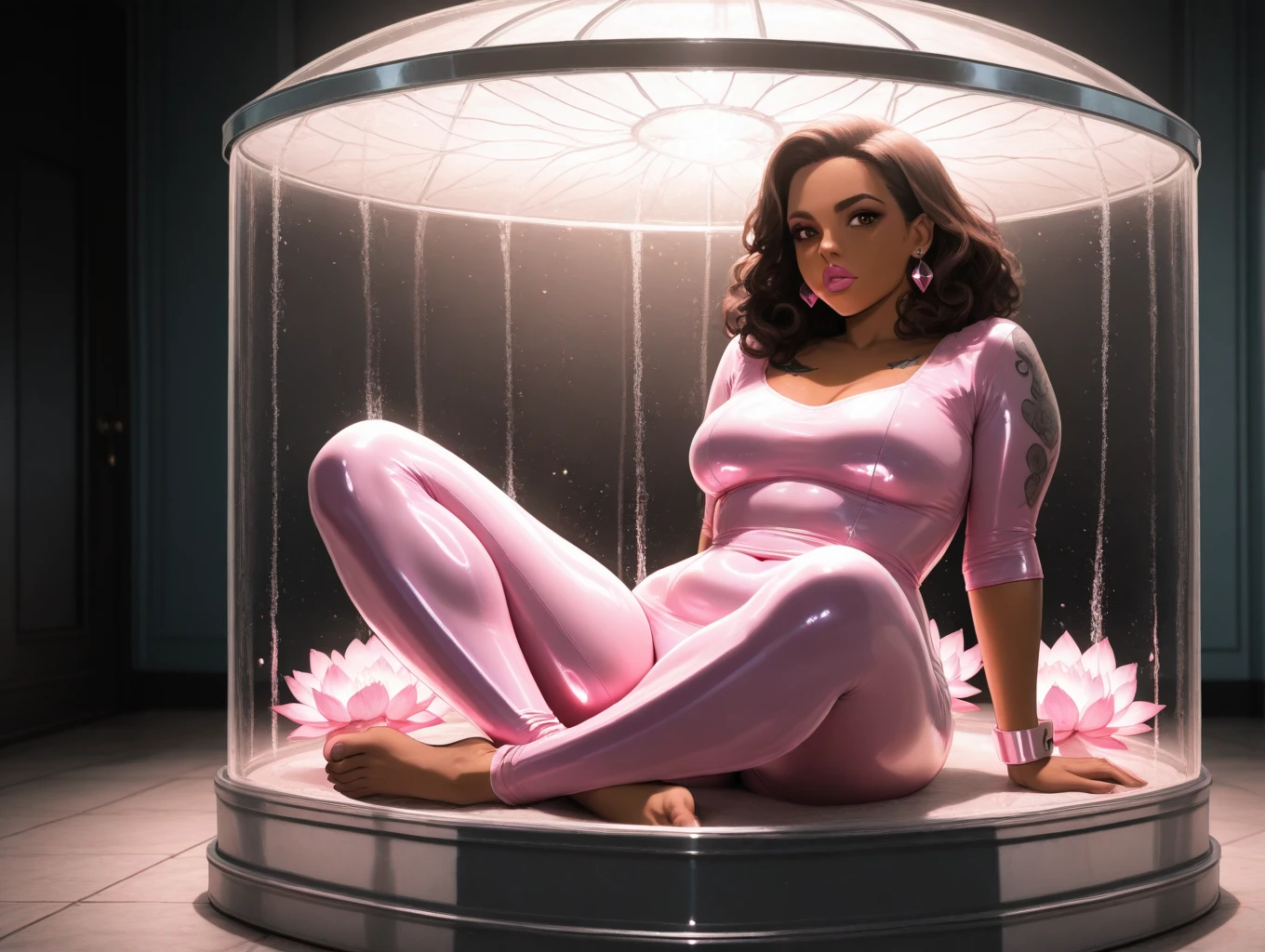 (masterpiece, best quality, amazing quality, very aesthetic, absurdres, newest),shadow,shade,light particles,photo background,from_below,<lora:Detailer_NoobAI_Incrs_v1:1>,detailed,
<lora:FullVeeIllXL:0.6>,<lora:GlassBoxIllXL:1>,outline,1girl,what,curvy,slender_waist,wide hips,thick thighs,toes,lotus position,puffy lips,tattoo,looking_at_viewer,beautiful_detailed_eyes,brown eyes,curly hair,autumn, A printed romper with heeled boots and a fedora, Maven, Tall, Firm, Heart-Shaped Face, Dark Skin, Chestnut Hair, hazel Eyes, Long Nose, Thin Lips, Sharp Chin, Shoulder-Length Hair, Thick Hair, Loose Waves, full breasts, Cuff earrings, light pink metallic lipstick,eyeshadow,mediumbreasts,under a glass dome,glass coffin,glare,terrarium,half submerged,liquid,water line,Haunted house,