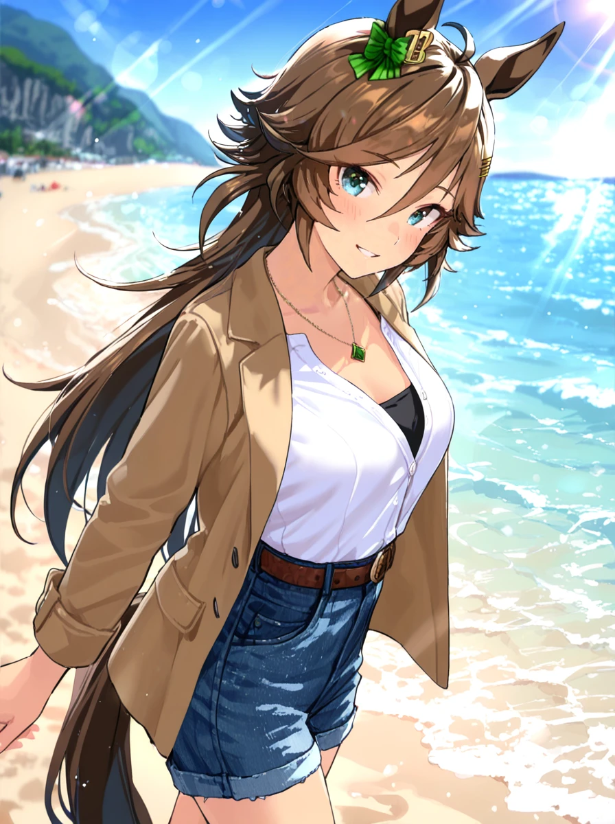 masterpiece, best quality, absurdres,
mr. c.b. \(umamusume\), 1girl, horse ears, horse tail, looking at viewer, black chest patch, smile, outdoors, hairclip, hair ornament, denim shorts, jewelry, brown jacket, beach, water, necklace, brown belt, blush, ocean, long sleeves, looking back, shirt tucked in, casual, open jacket, white button shirt
blue sky,sun,light rays,lens flare,light particles,beautiful detailed eyes,
<lora:ILL_mr.c.b_ver1.021:0.85>