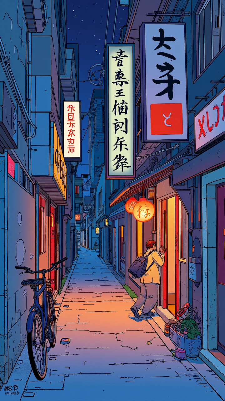 illustration in mb artstyle, A nighttime scene of a narrow alleyway, likely in an Asian city, given the presence of a signboard with Japanese characters. The alley is illuminated by a warm, ambient light, casting a soft glow on the wet cobblestone path. A bicycle is parked to the left, and a person is seen entering the entrance of the establishment, possibly a shop or a restaurant. The walls of the alley are adorned with various signs and advertisements, predominantly in Japanese characters, and are painted in muted tones of blue, red, and gray. The atmosphere is quiet and intimate, with the play of light and shadow adding depth and drama.