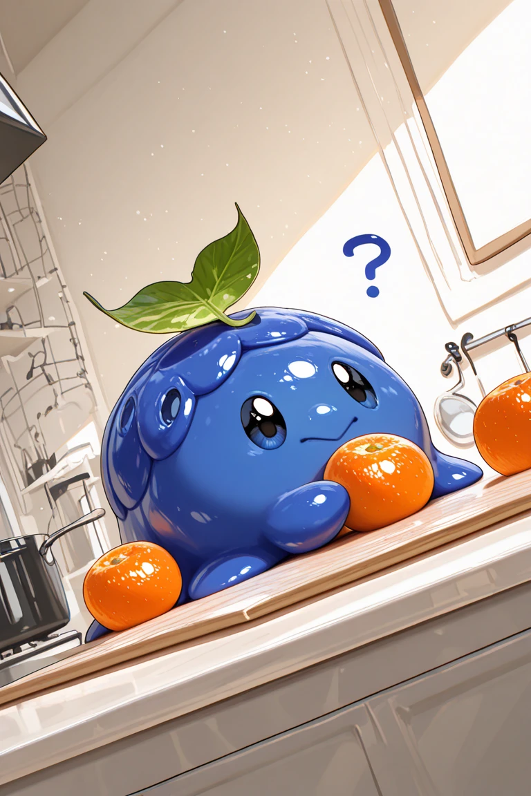 realistic shading, natural lighting, blueberry-creature focus, looking at fruit, expressive face, daberry, green_daberry_leaf on head, blue_daberry_hair, blue_daberry_eyes, 1blueberry creature, pokemon (creature), holding orange fruit, indoors kitchen, on kitchen counter, dynamic angle, intricately detailed illustration, depth of field, masterpiece, best quality, amazing quality, very aesthetic, absurdres, newest, BREAK, question mark