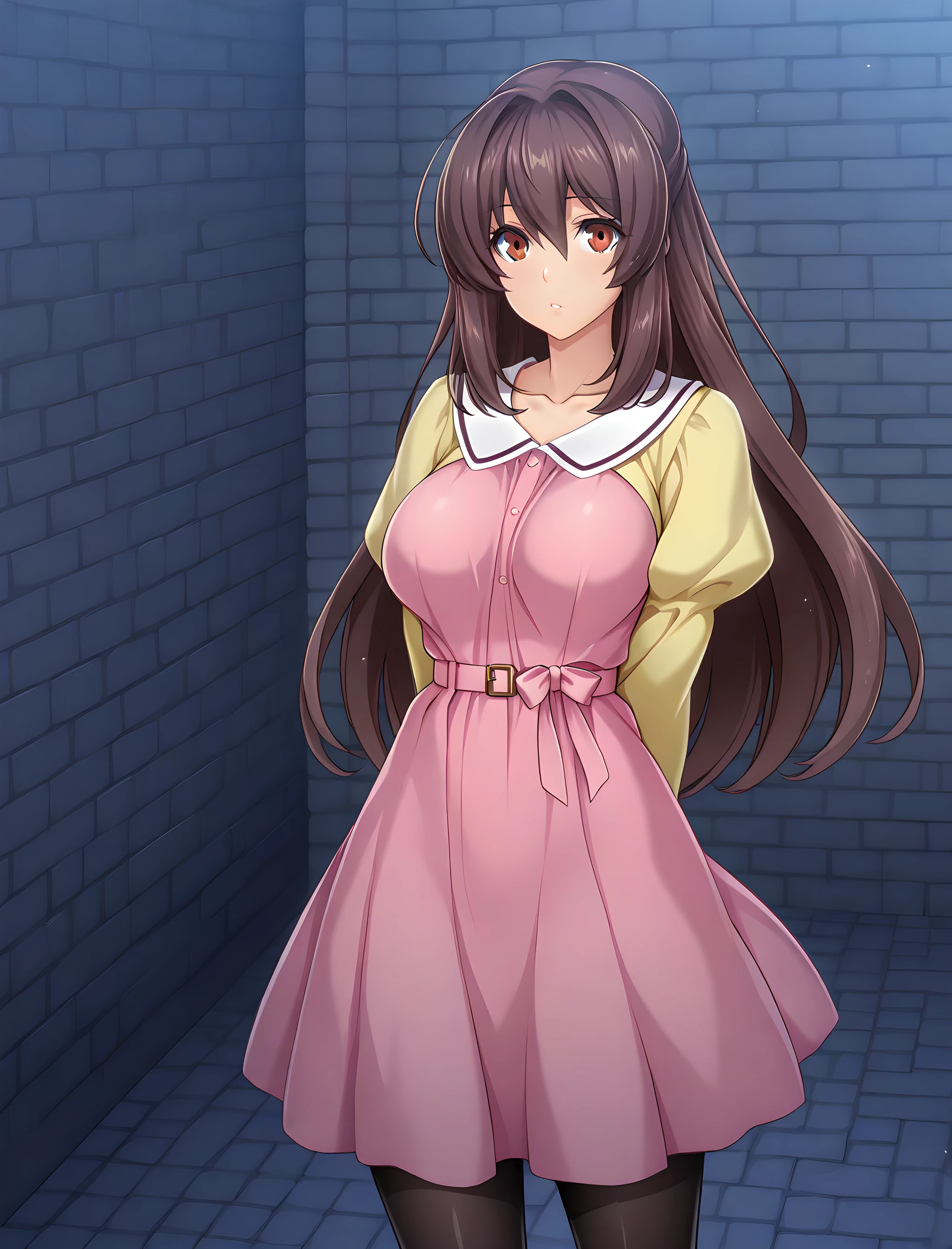 marina katsuragi, casualoutfit, 1girl, solo, long hair, dress, pantyhose, dark alleyway background, midnight, cowboy shot, brown hair, black pantyhose, , white footwear, looking at viewer, pink dress, arms behind back, <lora:MarinaKatsuragiIllustXL:1>, (masterpiece),(best quality),(ultra-detailed),(best illustration),(best shadow),(absurdres),(detailed background),(very aesthetic),